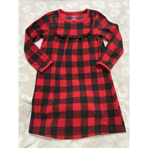 Carter's Plaid Nightgown Fleece Toddler Size 2 3 Red Black Christmas - Picture 1 of 4